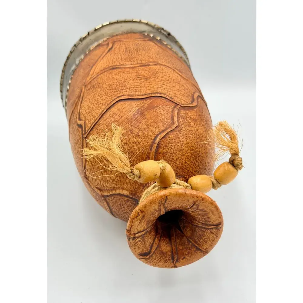 Folk-art Mexican Hand-tooled Leather and Tin Wrapped Bud Vase Southwestern Decor